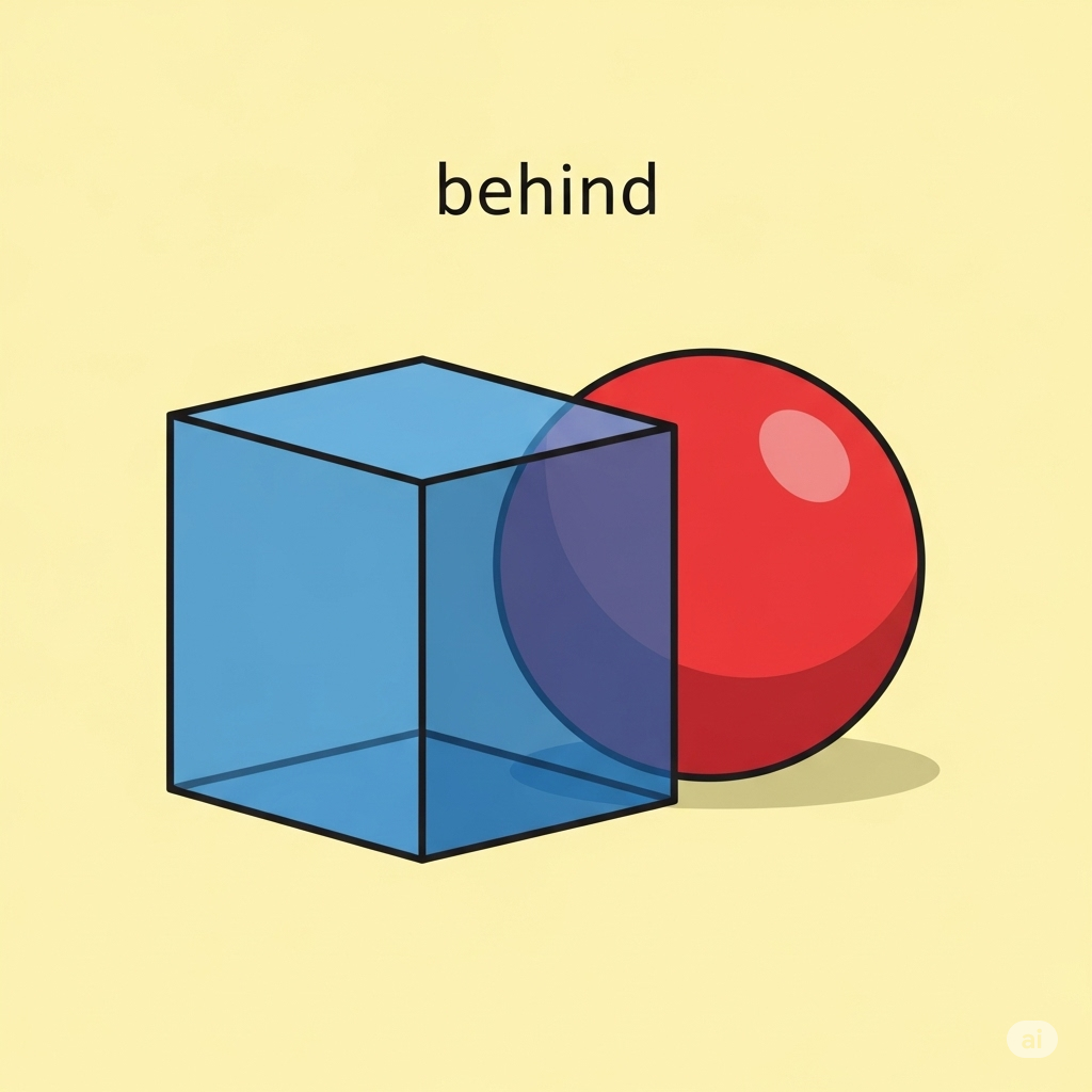 The ball is behind the box.